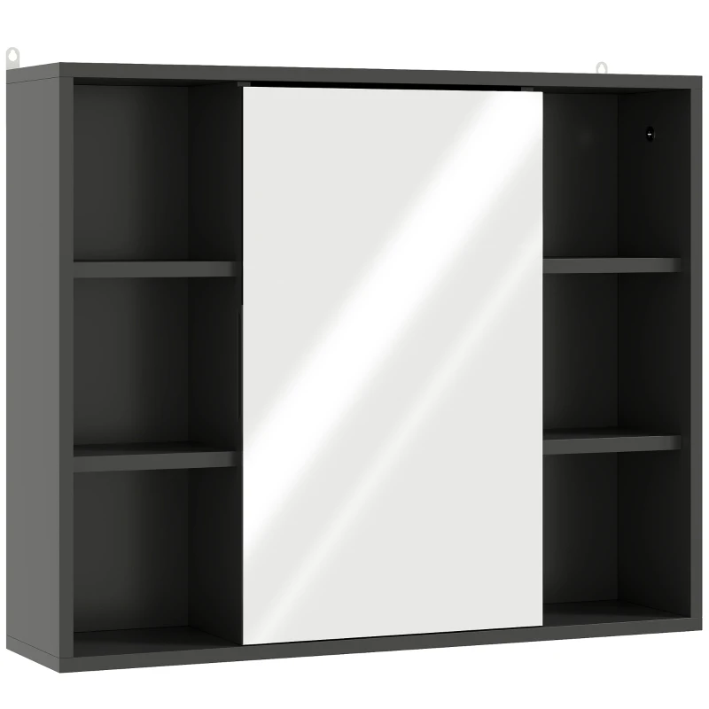 HOMCOM Móvel de Casa de Banho com Espelho Armário com Portas e 6 Compartimentos Abertos 60x14,5x49,4 cm Preto