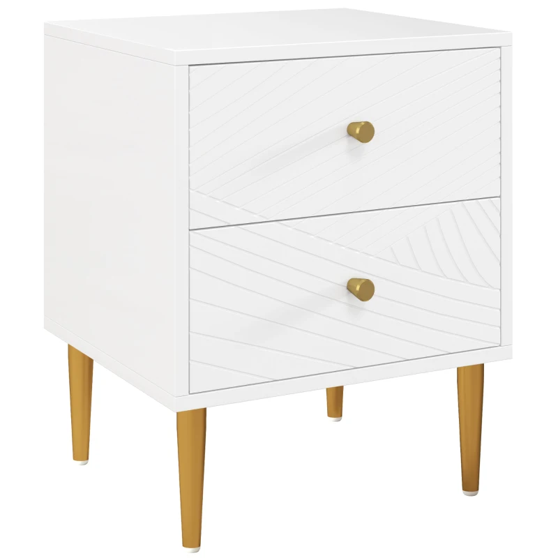 HOMCOM Mesa de Cabeceira com 2 Gavetas Puxadores Pés de Aço para Quarto Sala 40x35x50 cm Branco