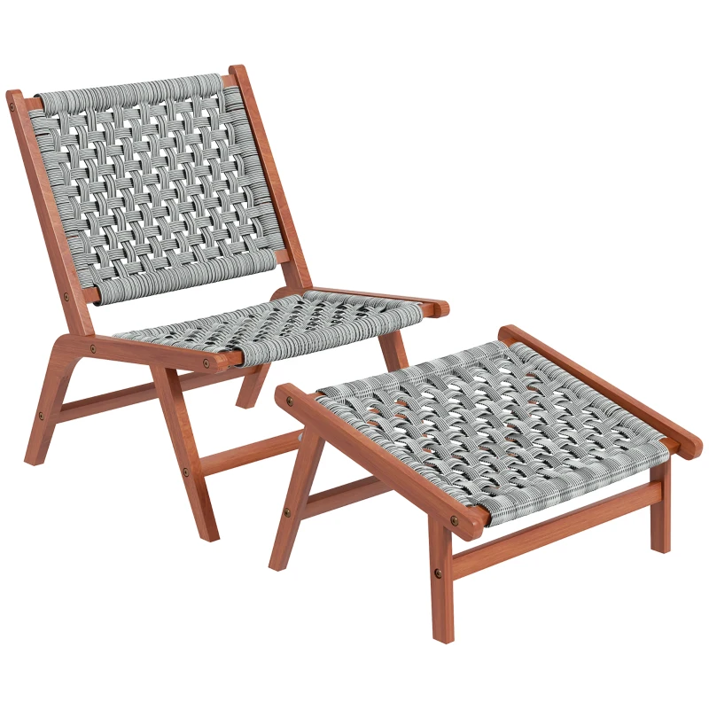 Outsunny Cadeira de Jardim com Apoio para Pés Cadeira de Relaxamento em Madeira de Acácia e Corda de Ratã Natural Cinza