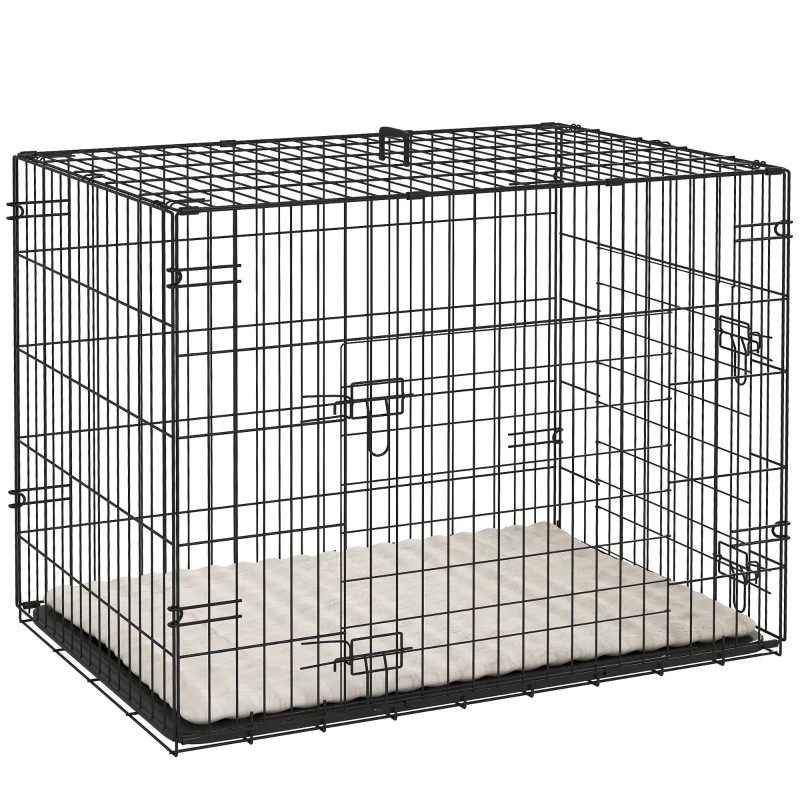 Pawhut Gaiola para Cães Gaiola de Transporte para Cães Dobrável com 2 Portas Bandeja Removível Almofada Lavável 76x53x60 cm Preto