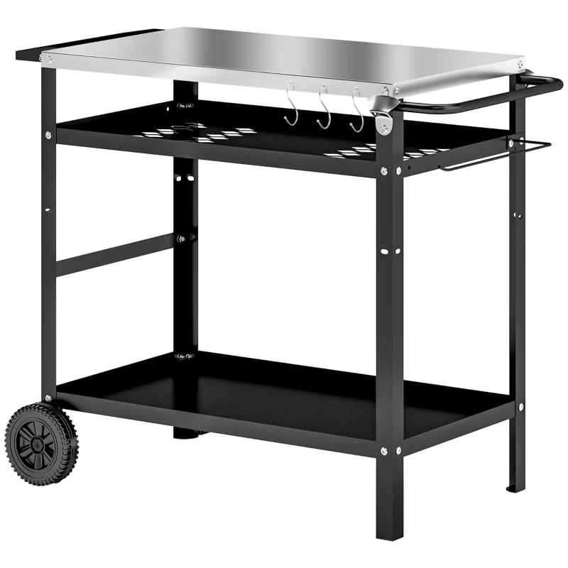 Outsunny Mesa de Churrasco Externa com Tampo de Trabalho Carrinho de Churrasco com Prateleira Ajustável 6 Ganchos 100x52x80 cm Preto