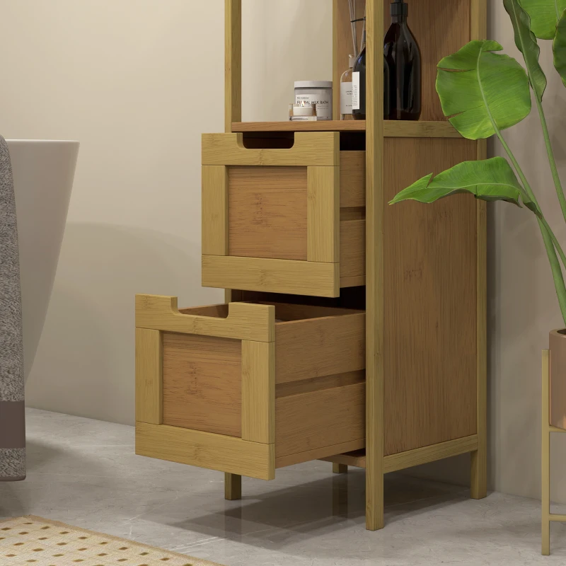 Kleankin Móvel Coluna de Arrumação para Casa de Banho Estilo Acolhedor 30x30x144 cm 3 Prateleiras 2 Gavetas Bambu