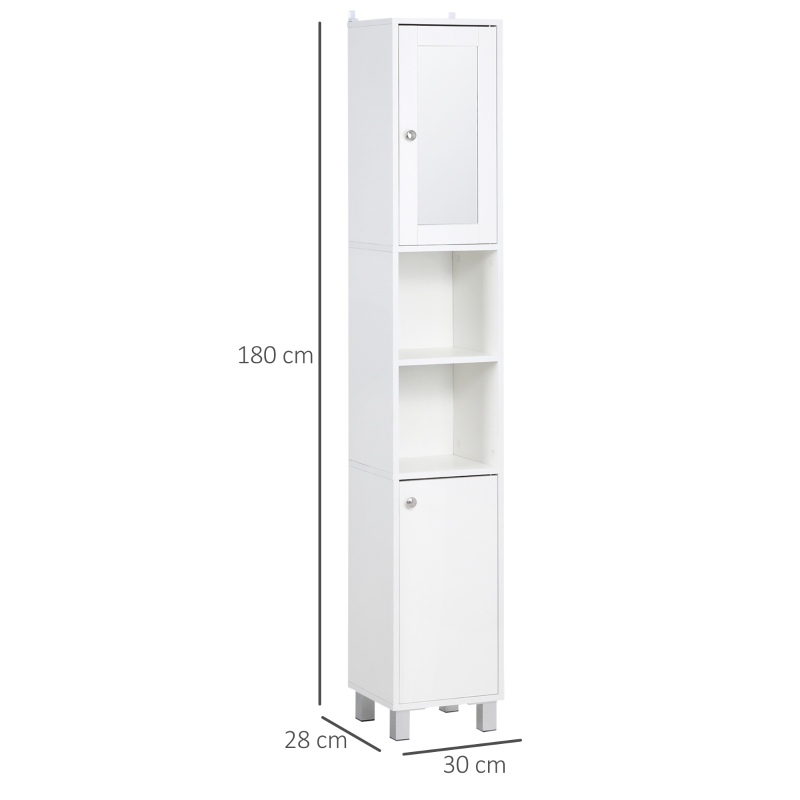 Kleankin Móvel Coluna de Casa de Banho Armário Alto 2 Armários 6 Nichos Prateleiras Ajustáveis 30x28x180 cm Branco