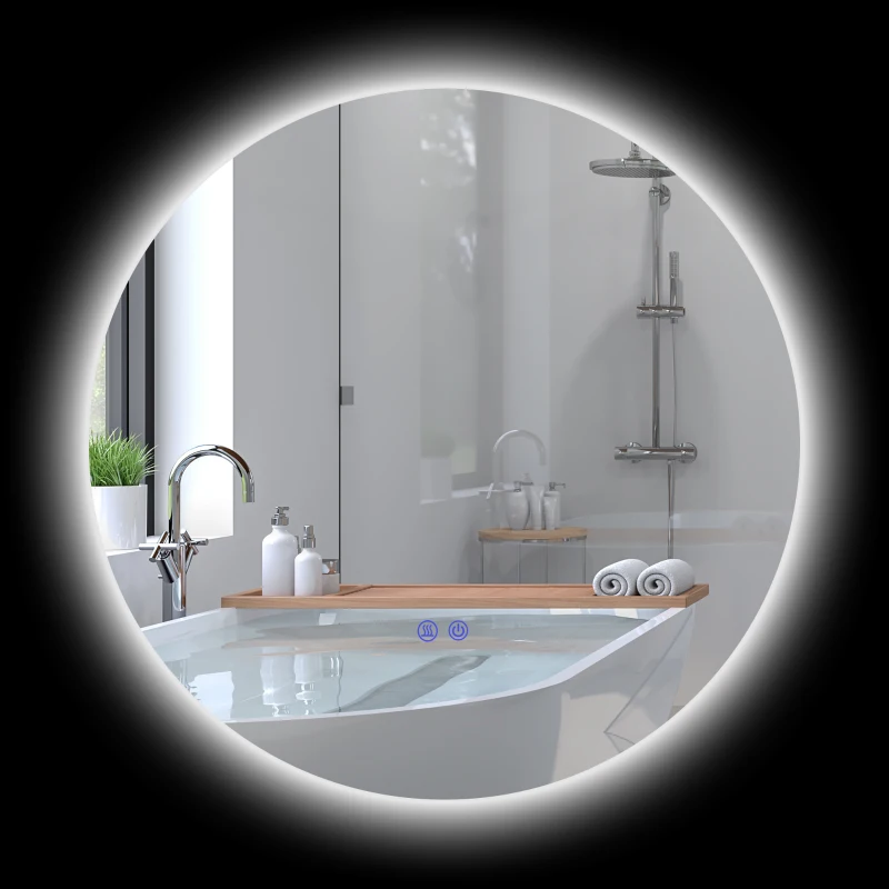 Kleankin Espelho Redondo Luminoso LED de Banheiro Ø 60 cm Mural com Interruptor Tátil Sistema Anti Embaciamento 29 W Cinzento