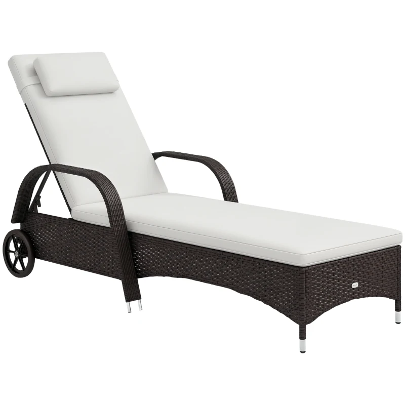 Outsunny Lettino Prendisole da Giardino con Ruote, Sedia a Sdraio per Spiaggia con Altezza Regolabile in Rattan, Marrone e Crema, 200x73x103cm
