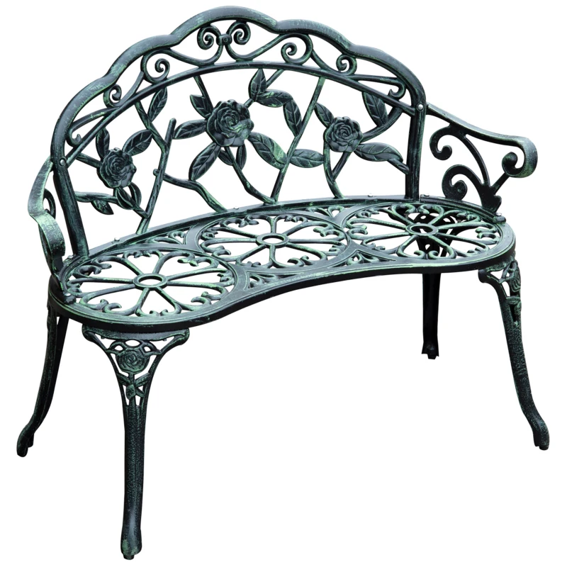 Outsunny Banco de Jardim 2 Lugares Estilo Neo Retro Padrão de Rosa Linhas Fuseladas 100x54x78 cm Alumínio Fundido Verde Envelhecido