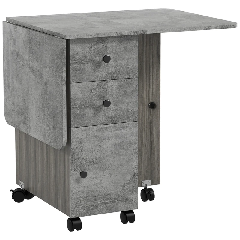 HOMCOM Mesa de Cozinha Dobrável Mesa de Jantar Dobrável 2Tampos 2Gavetas 1Armário e 1Prateleira de Armazenamento 120x60x76,5 cm Cinza