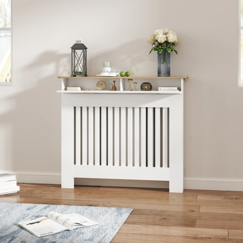 HOMCOM Tampa de Radiador Anti-tombamento com Gaveta para Objetos em Madeira 112x19x97 cm Branco