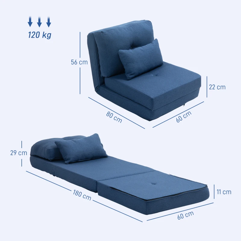 HOMCOM Sofá Cama Conversível de Chão Sofá 1 Lugar com 1 Travesseiro com Encosto Ajustável Azul Escuro