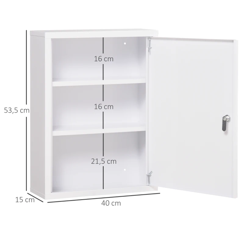 Kleankin Armário de Remédios 3 Prateleiras Porta Trancável Estrutura de Aço Resistente Branco 40x15x53,5 cm