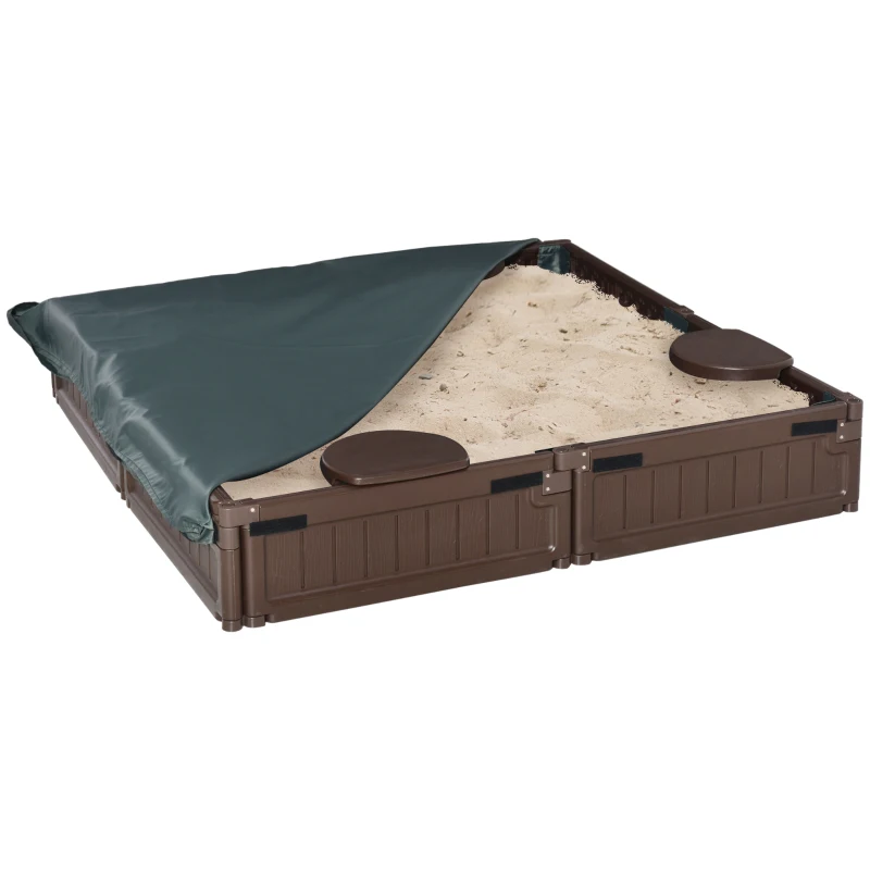 Outsunny Sandkasten com Abdeckplane & Bodenplane estilo Modular 4 Assentos 1,23x1,23 m Castanho