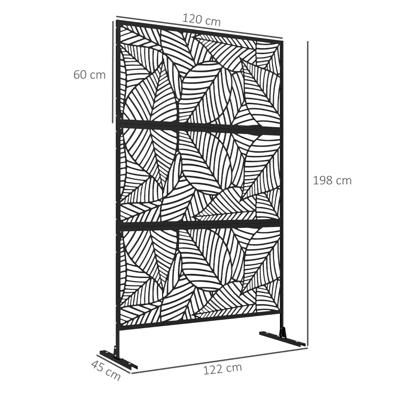 Outsunny Painel Quebra Vista decorativo para Exterior em Metal Preto com Padrão Vegetal 122x45x198 cm Preto