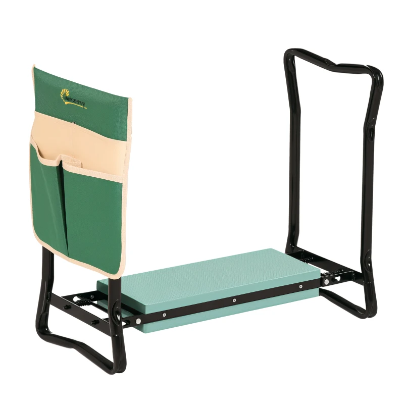 Outsunny Taburete de Jardín Plegable con Bolsa para Herramientas Protección Cojín Rodillas Asiento de Jardín con Almohadilla Altura Ajustable Soporta un máximo 150kg Color Verde Negro