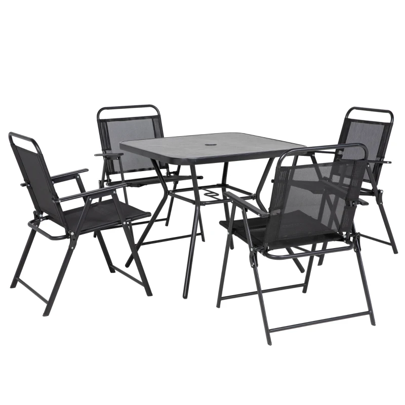 Outsunny Conjunto de Jardim 1 Mesa Quadrada e 4 Cadeiras Dobráveis Conjunto de Jardim em Metal Epóxi para 4 Pessoas Preto