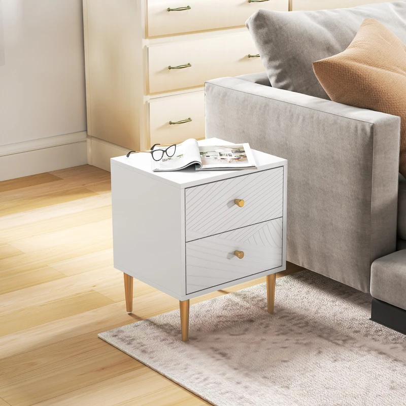 HOMCOM Mesa de Cabeceira com 2 Gavetas Puxadores Pés de Aço para Quarto Sala 40x35x50 cm Branco