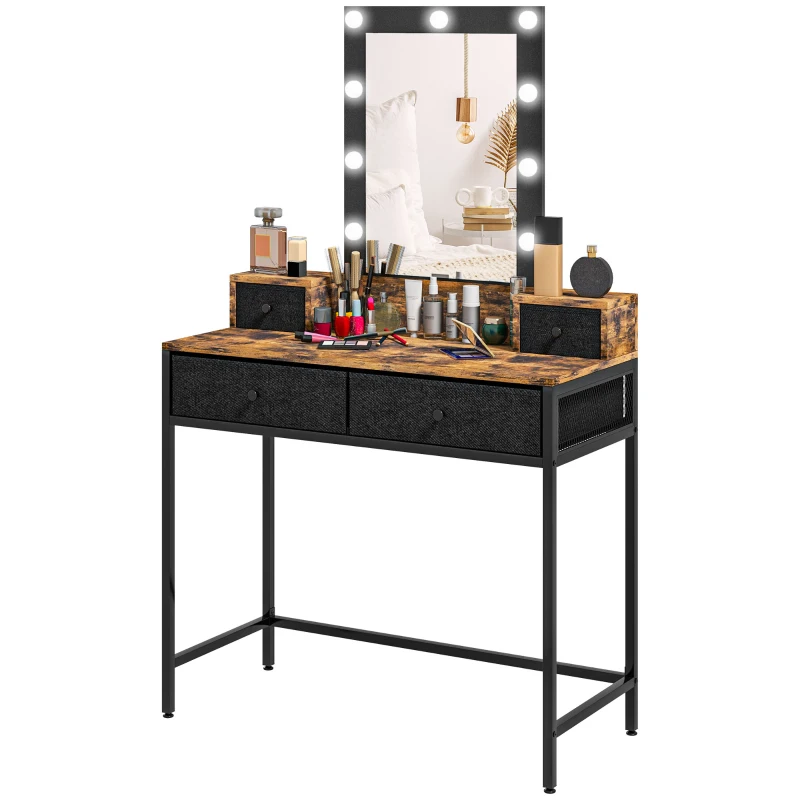 HOMCOM Penteadeira Mesa de Maquiagem Espelho LED Ajustável Integrado Base em Metal Preto 4 Gavetas de Tecido Aspecto Madeira Escura