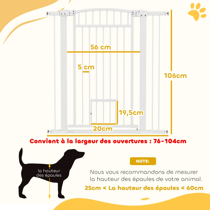 Pawhut Barreira para Cães Largura Ajustável 76-102 cm Barreira Extra Larga com Porta para Gato Branco