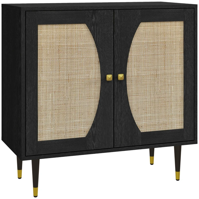 HOMCOM Buffet de Cozinha Móvel de Arrumação estilo Boémio de Duas Portas com 2 Níveis Frente em Vime 80x38x79 cm Preto