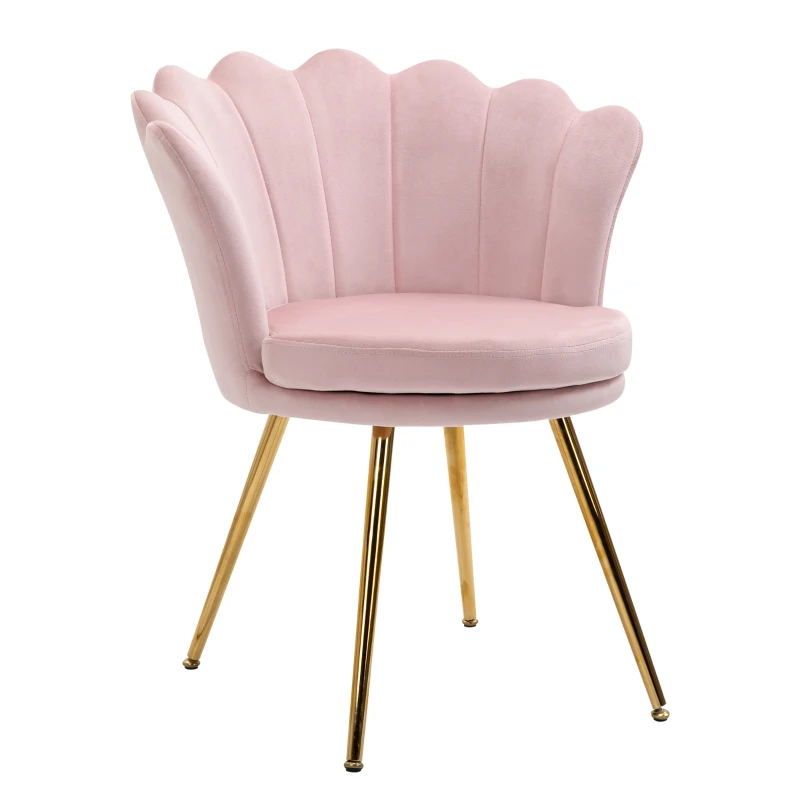 HOMCOM Cadeira de Concha Cadeira para Toucador Cadeira em Veludo Cadeira de Sala com Pés em Metal Dourado 67x64x77 cm Rosa