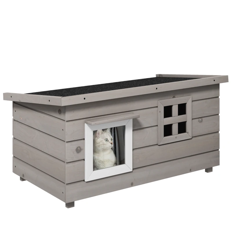 Pawhut Casa de Gato com Telhado de Asfalto Toca de Gato Animal Pequeno com Janela Externa Ao Inverno Madeira Cinza Preto 87x52x44 cm