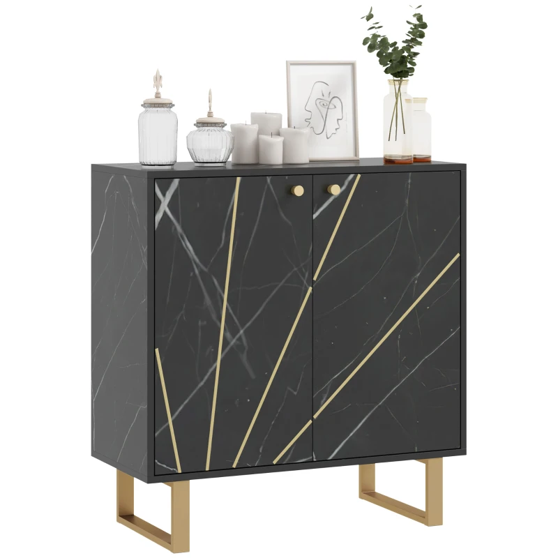 HOMCOM Buffet de Armazenamento com 2 Portas e Prateleira Ajustável Pés em Metal 76x35x77 cm Tom Mármore Preto