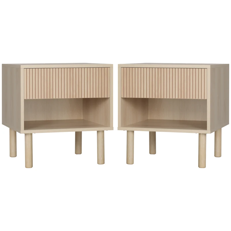 HOMCOM Conjunto de 2 Mesas de Cabeceira Mesa de Cabeceira com Gavetas e Prateleiras Estilo Moderno 47x47x50 cm Madeira Natural
