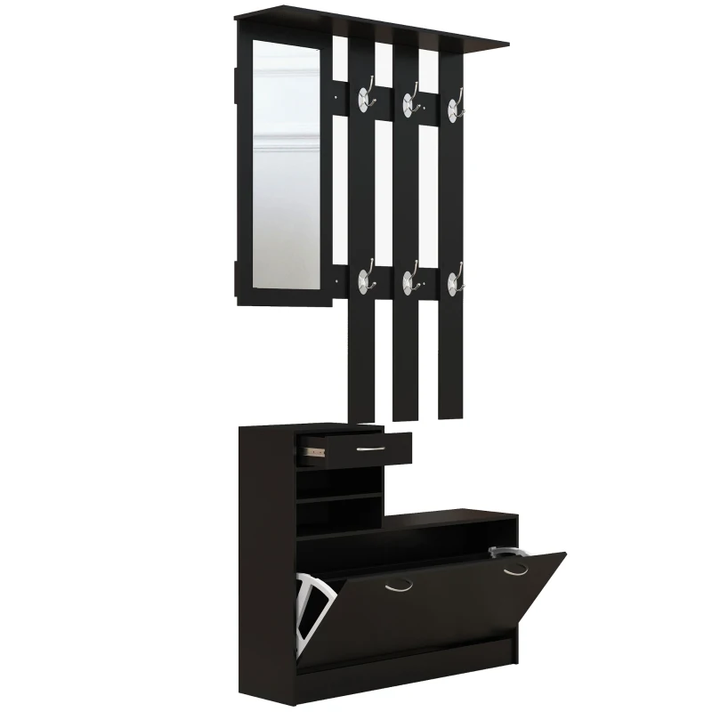 HOMCOM Móvel de Entrada Cabideiro com Sapateira e Espelho em Aglomerado 90x10x102 cm Preto
