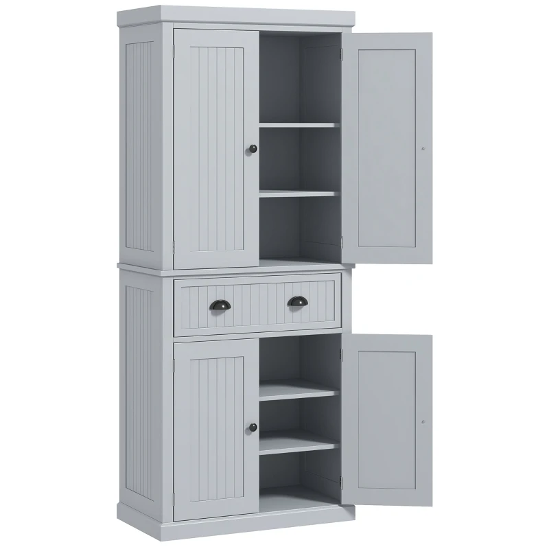 HOMCOM Armário de Cozinha Buffet Cozinha Multi Armazenamento Prateleiras Ajustáveis 4 Portas e Gaveta Grande 76,2x40,2x183 cm Cinza