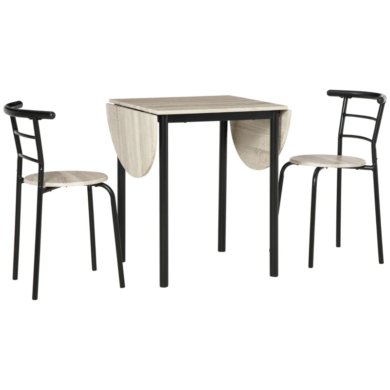HOMCOM Conjunto Mesa Oval Extensível e 2 Cadeiras Mesa de Folha Metal e MDF Preto e Natural