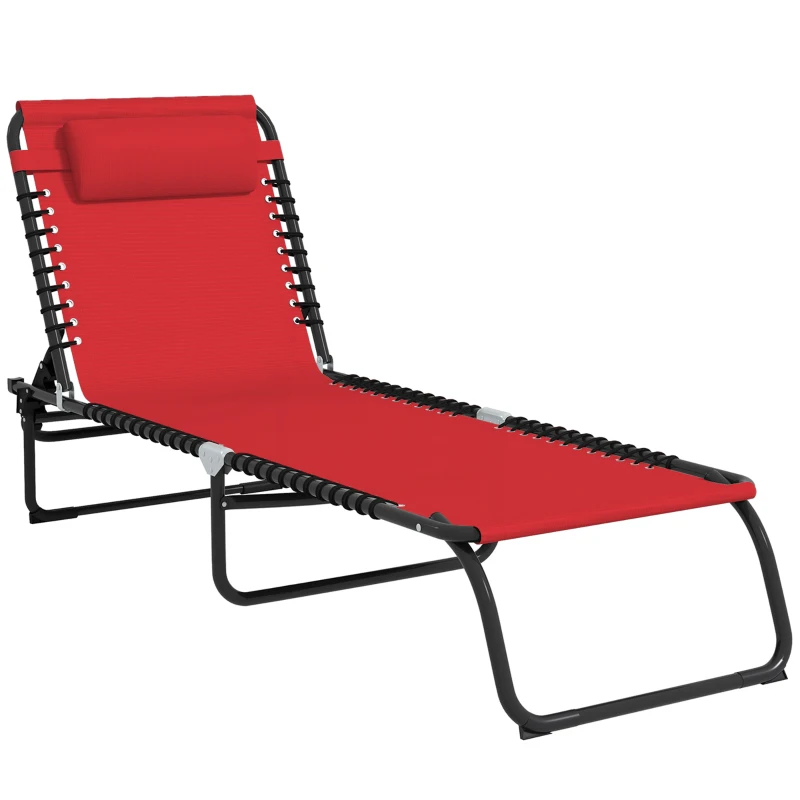 Outsunny Espreguiçadeira de Sol Dobrável Encosto Inclinável Multi Posições Aço Termoplástico Atacadores Elásticos Textilene Vermelho