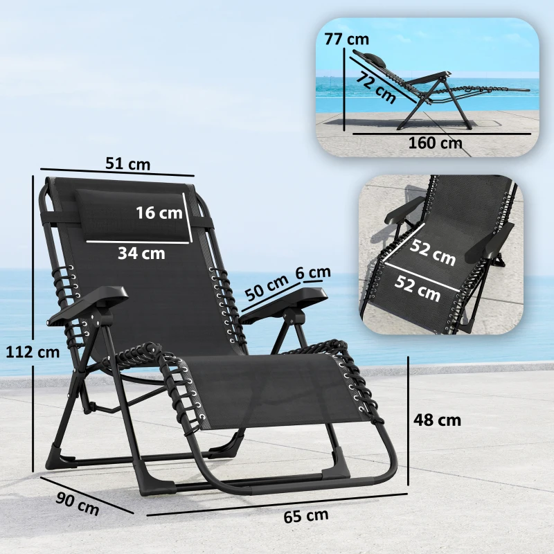 Outsunny Conjunto de 2 Espreguiçadeiras Chaise Longue Dobrável Inclinável com Apoio de Cabeça em Textilene 90x65x112 cm Preto