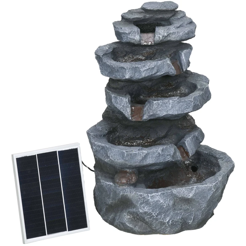Outsunny Fonte de Jardim Solar em Cascata de 5 Níveis em Resina com Luzes LED e Bomba Cinza