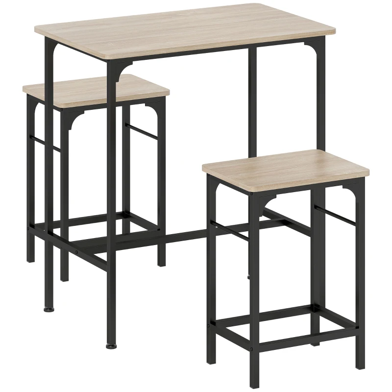 HOMCOM Conjunto Mesa de Bar com 2 Bancos Estrutura de Aço para Cozinha Sala de Jantar e Sala de Estar Efeito de Madeira Natural