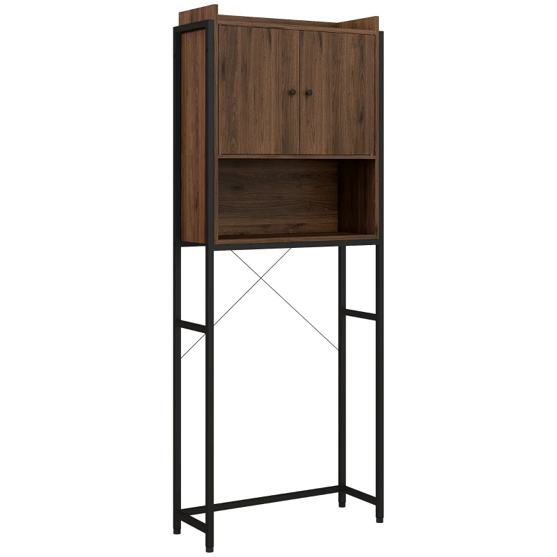 Kleankin Móvel Prateleira Acima Do WC Prateleira para Casa de Banho Armário 2 Portas e Nicho 68x25,5x172,5 cm Marrom Preto