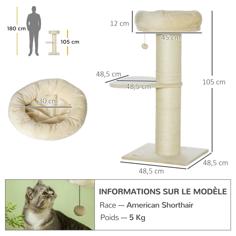 Pawhut Árvore para Gato Poste Arranhador Sisal Natural 2 Plataforma Cesto Observação Brinquedo Bola Suspensa Pelúcia Bege