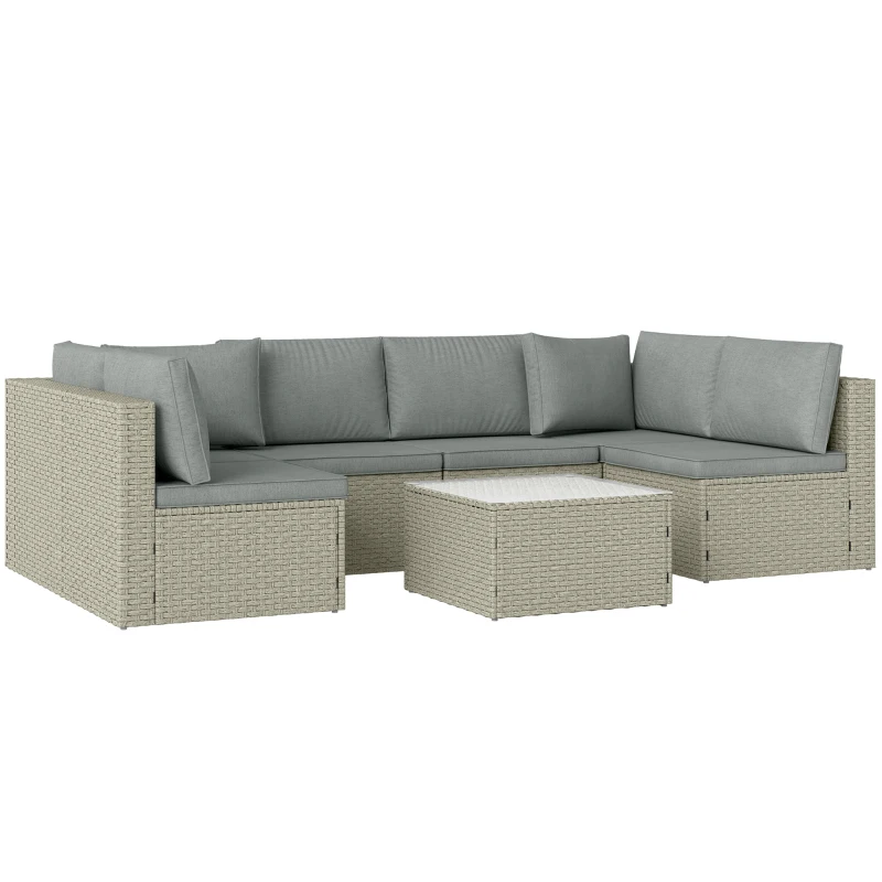 Outsunny Conjunto de Móveis de Jardim Exterior Modular para 6 Pessoas em Vime Sintético com Sofás e Mesa de Vidro Temperado Marrom