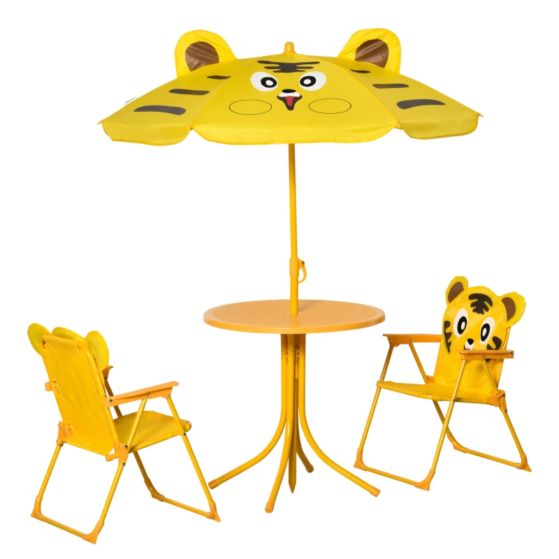 Outsunny Conjunto de Mobiliário de Jardim para Crianças 4 Pcs Tigre Mesa Redonda 2 Cadeiras Dobráveis Guarda Sol Metal Oxford Amarel