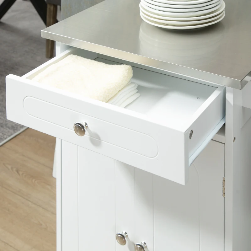HOMCOM Carrinho de Serviço para Cozinha com Rodas 1 Gaveta 2 Portas Prateleira Panos de Cozinha MDF Branco e Aço Inoxidável