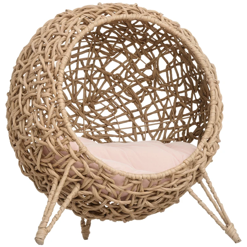 PawHut Cesta Rialzata per Gatti Fino a 10kg, Cuccia per Animali Domestici in Rattan PE Color Legno (Φ52x58cm)
