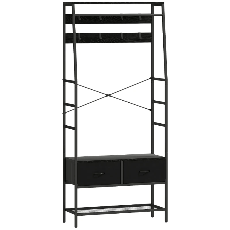 HOMCOM Cabideiro Industrial com 2 Gavetas de Tecido Prateleira 8 Ganchos e Estrutura de Aço 80x30x180,5 cm Preto