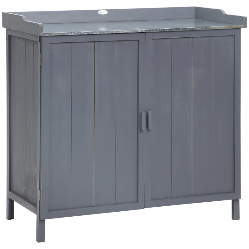 Outsunny Armario de Jardín de Madera con Mesa de Trabajo Armario de Exterior con 2 Puertas Cierre Magnético y 2 Estantes para Terraza Balcón 98x48x95,5 cm Gris