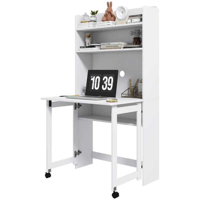 HOMCOM Mesa de Computador com Prateleiras de Arrumação Tampo Rebatível 2 Rodas para Quarto Sala 80x69x153 cm Branco