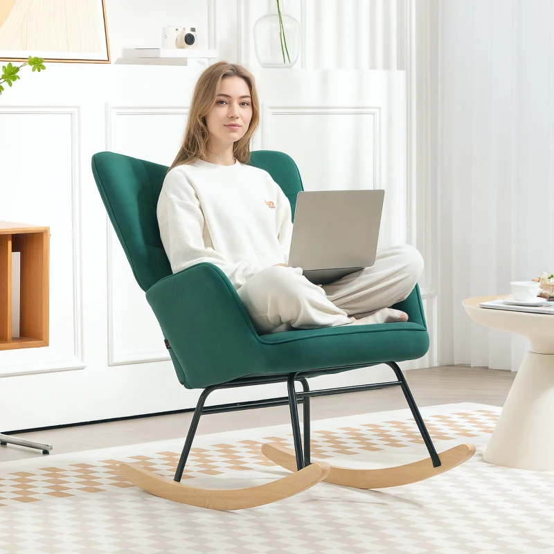 HOMCOM Cadeira de Balanço Rocking Chair Revestimento em Veludo Estrutura em Aço 71x98x101 cm Verde
