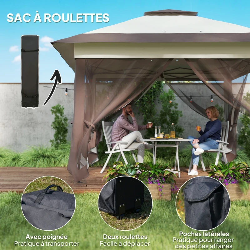 Outsunny Tenda Pavilhão de Jardim Pop-Up Dobrável Metal Poliéster Mosquiteiros Saco de Transporte com Rodas Kaki Marrom