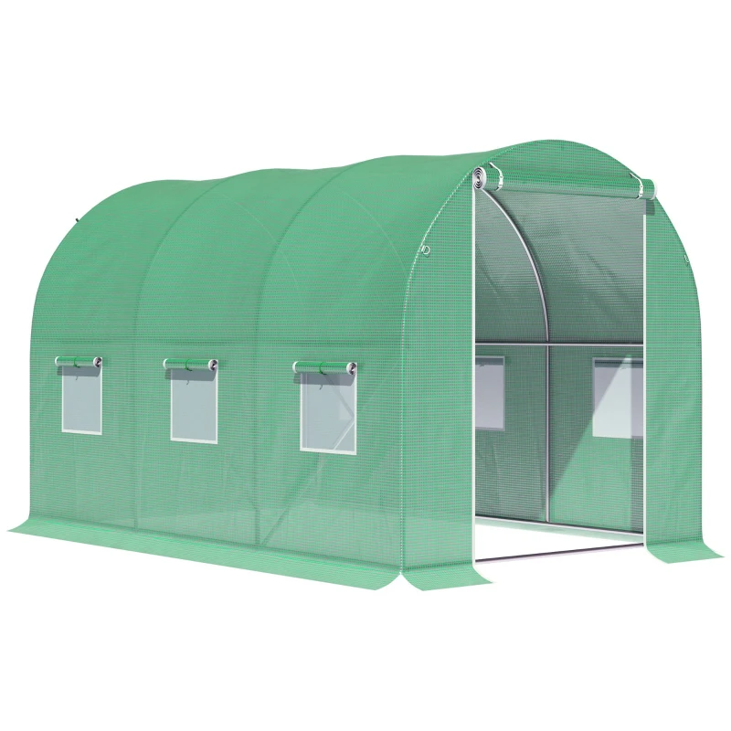 Outsunny Estufa de Jardim Tunnel Superfície Solo 6 ㎡ 3x2x2 m Estrutura Tubular Reforçada Porta com Zíper 6 Janelas Enroláveis Verde