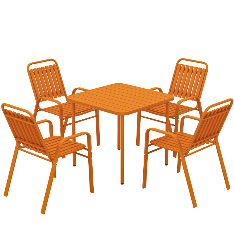 Outsunny Mesa de Jardim Exterior com 4 Cadeiras Empilháveis Tampo de Ripas 80 cm Estrutura em Aço Antiferrugem Laranja