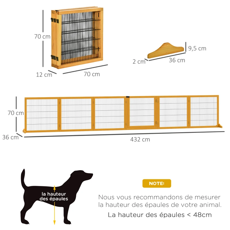 Pawhut Barreira de Segurança para Cães Barreira Modular Dobrável 6 Painéis 2 Pés de Suporte Madeira 432x36x70 cm Amarelo