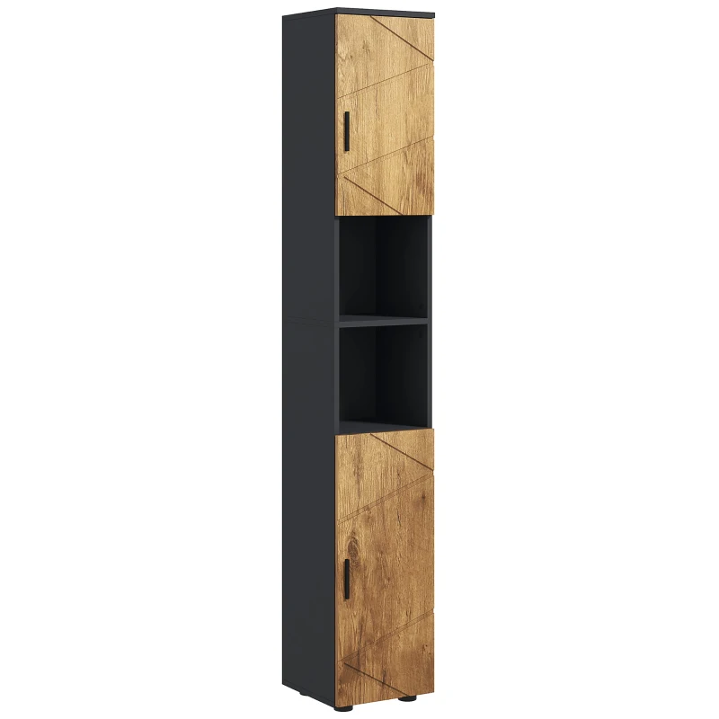 Kleankin Móvel Coluna Armário Banheiro 2 Portas Prateleira Ajustável 2 Nichos 30x30x183 cm Carvalho Cinza Escuro