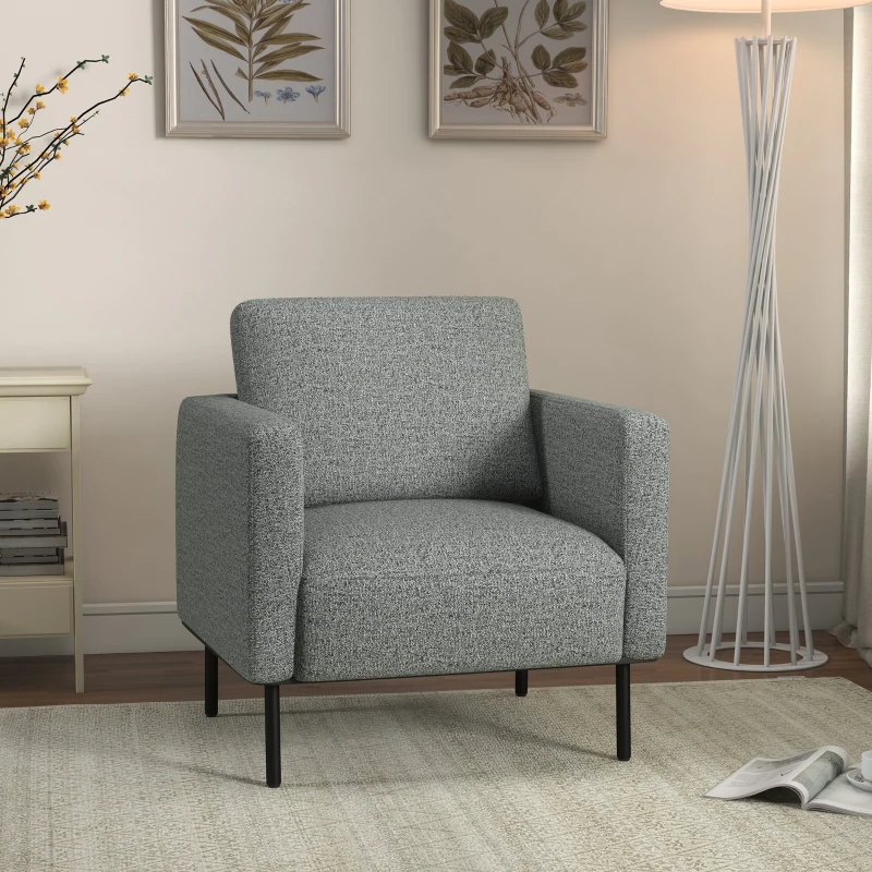 HOMCOM Sofá de Sala Sofá em Tecido 1 Lugar Revestimento Aspecto Linho Pés em Aço 79x76x65 cm Cinza Preto