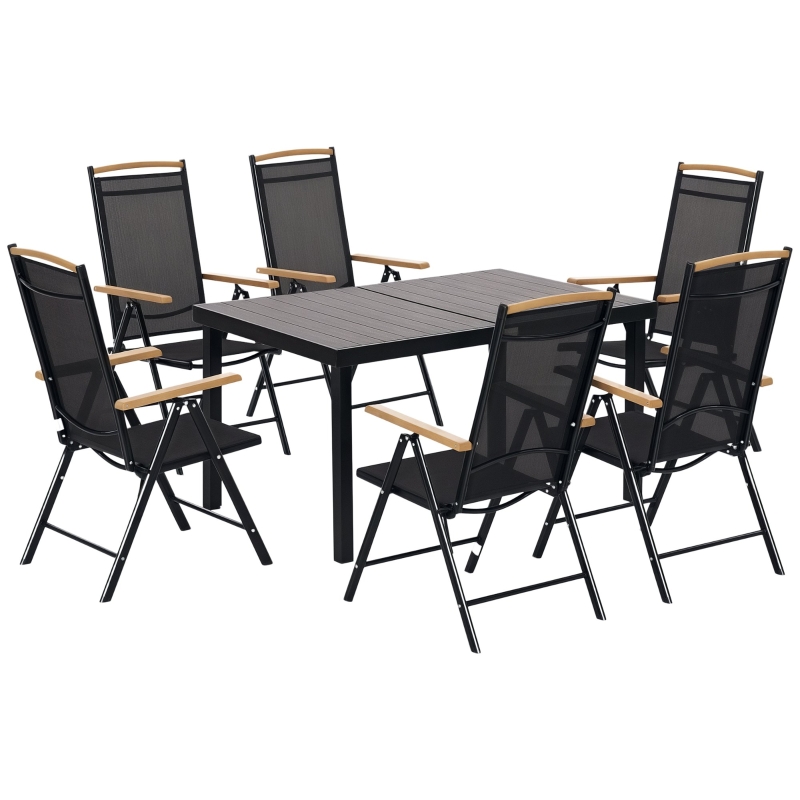 Outsunny Sitzgruppe klappbar 7tlg. Balkonset Balkonmöbel 1 Tisch+6 Stühle Gartenmöbel Set Sitzgarnitur Aluminium Mesh Schwarz